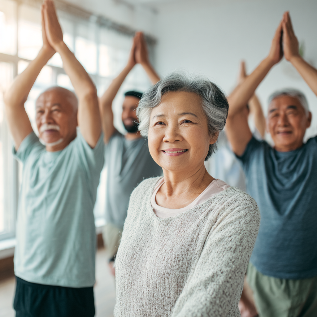 Спокойный европейский мужчина в возрасте 50+ выполняет упражнения на растяжку, демонстрируя гибкость и концентрацию