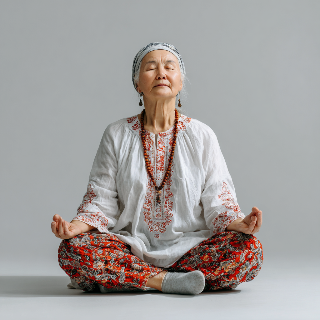 Группа улыбающихся европейских людей разного возраста выполняет йогу в просторной светлой студии, демонстрируя радость от занятий