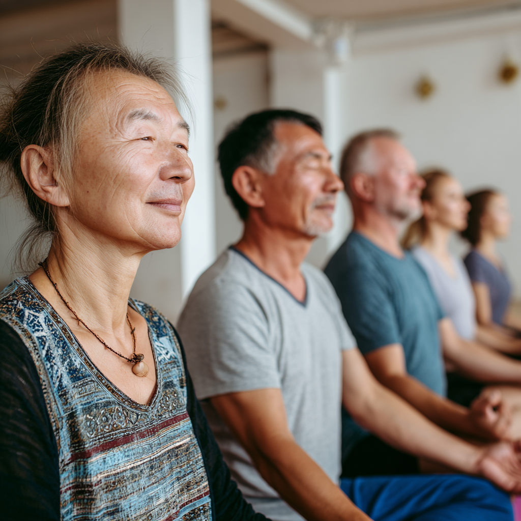 Улыбающаяся европейская женщина 40+ в спортивной одежде сидит в медитативной позе, излучая спокойствие и уверенность
